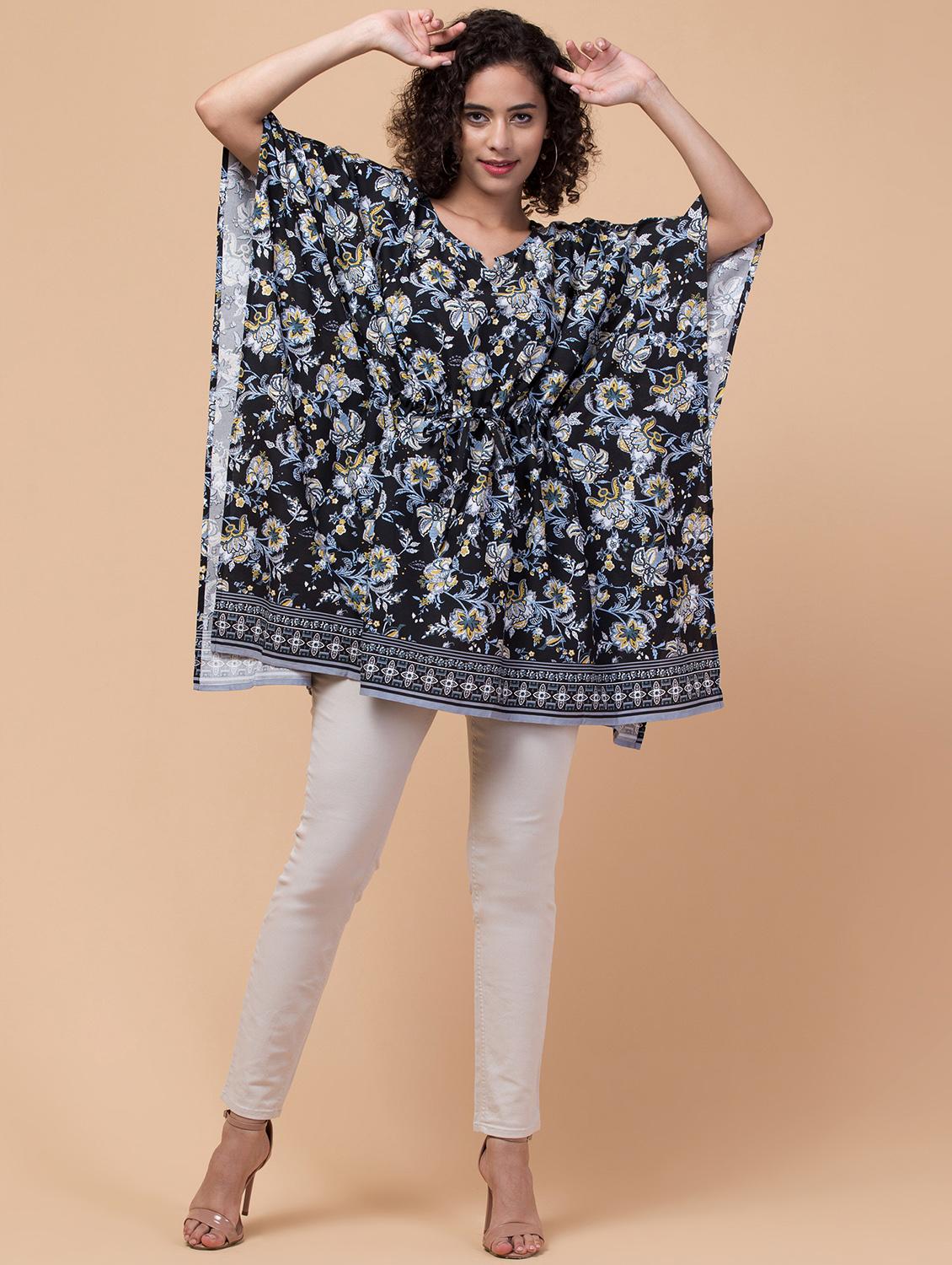 black printed notch neck kaftan - 20132855 - Standard Image - 4