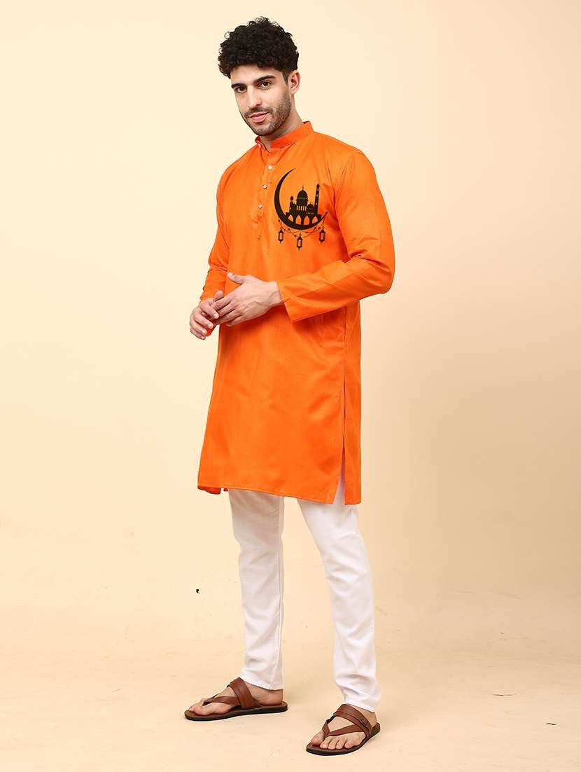 orange printed mandarin neck kurta - 20132874 -  Standard Image - 1