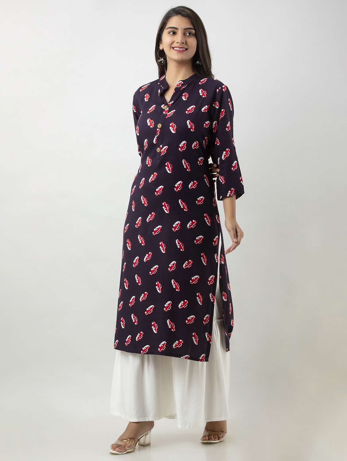 blue printed three quarter sleeve kurta sharara set - 20132910 -  Standard Image - 1