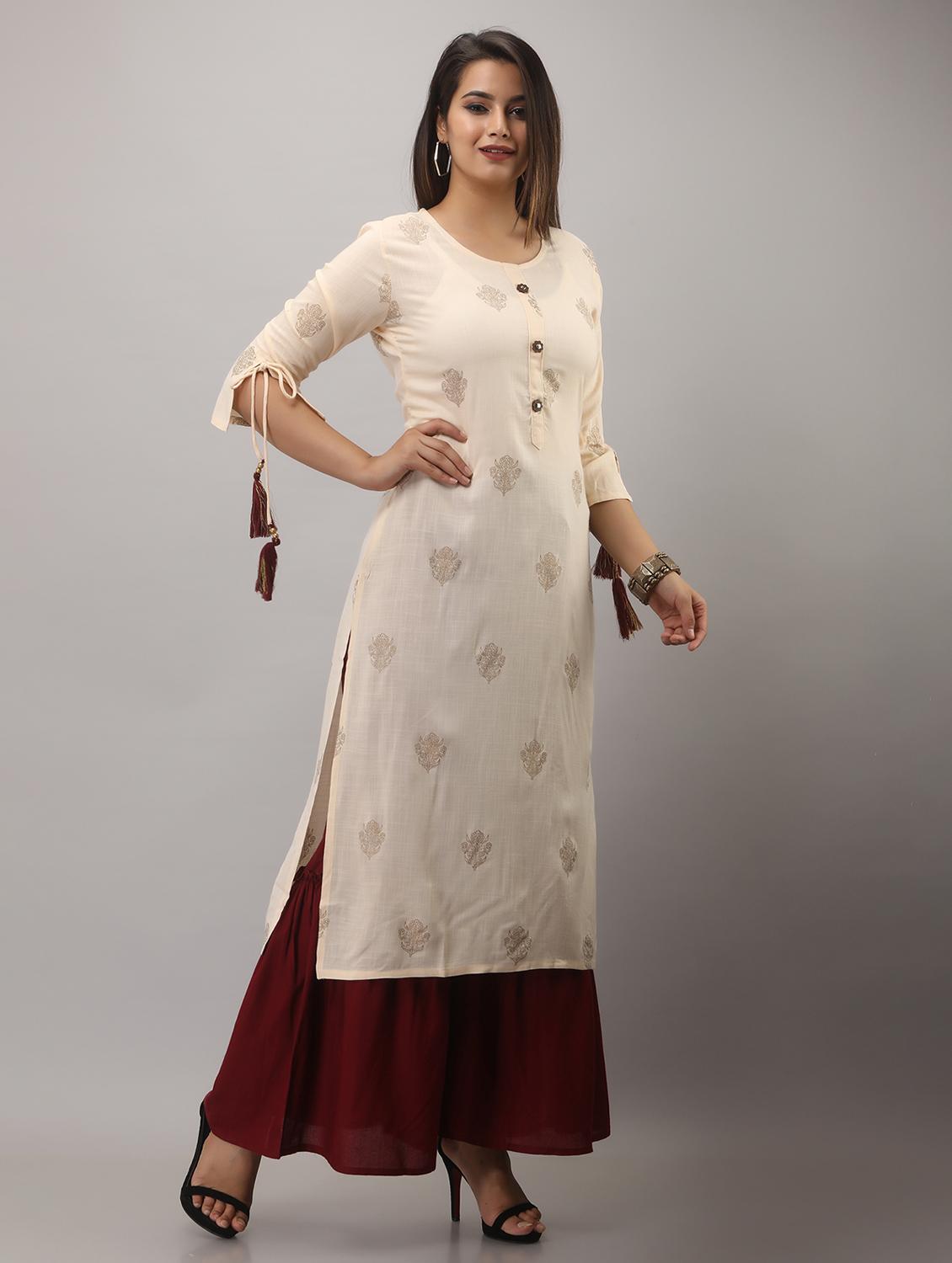 cream printed three quarter sleeve kurta sharara set - 20132916 -  Standard Image - 1