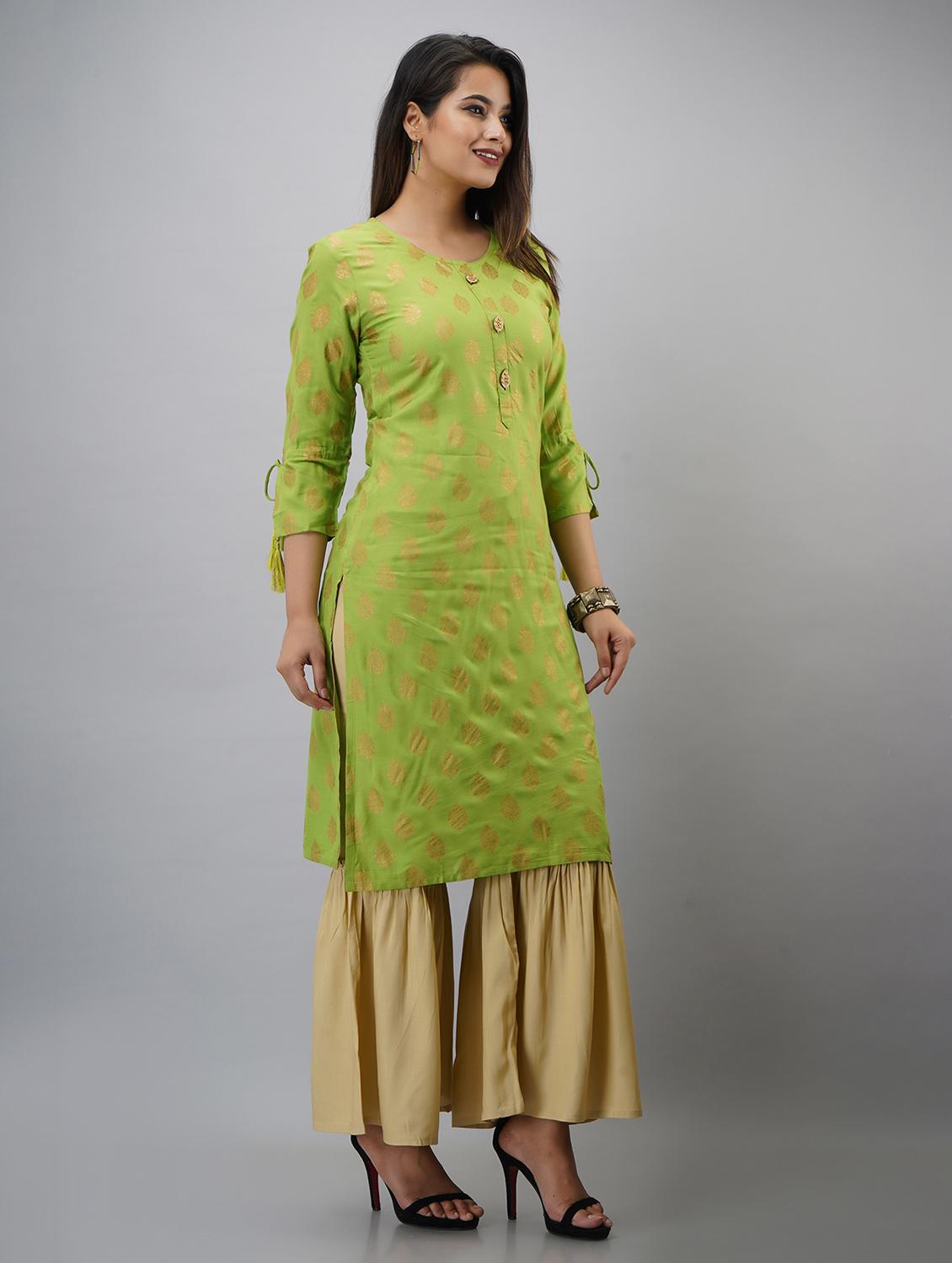 green printed three quarter sleeve kurta sharara set - 20132921 -  Standard Image - 1