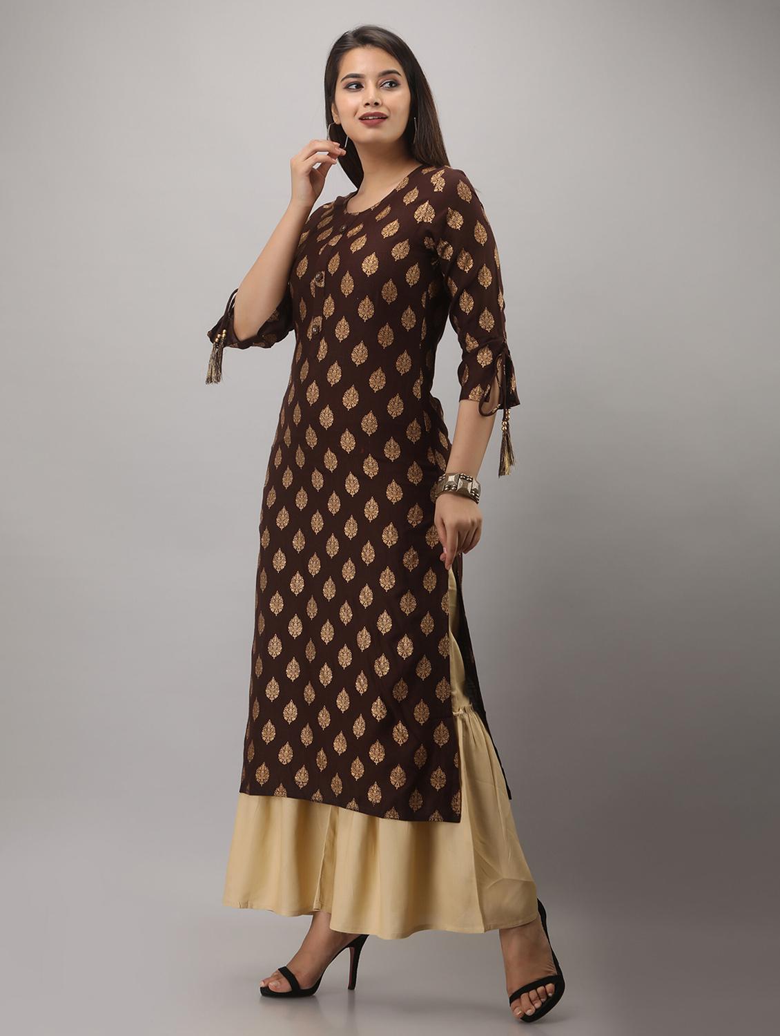 brown printed three quarter sleeve kurta sharara set - 20132926 - Standard Image - 1