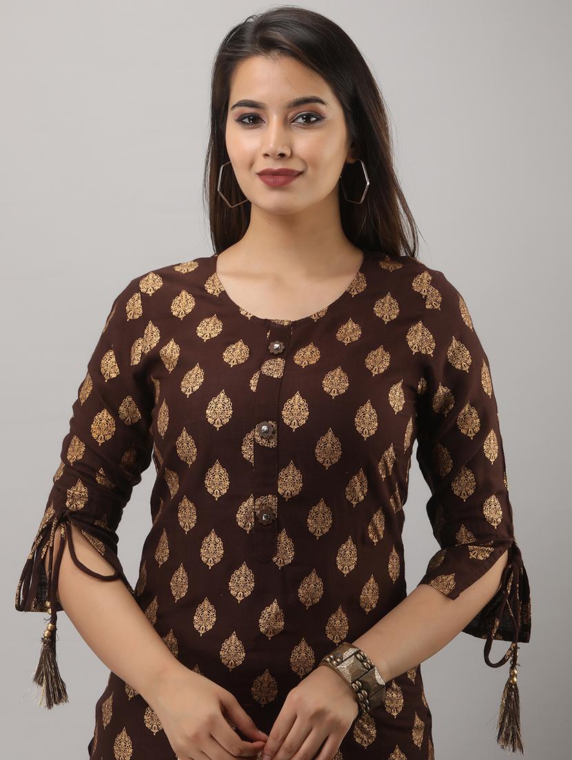 brown printed three quarter sleeve kurta sharara set - 20132926 - Standard Image - 4