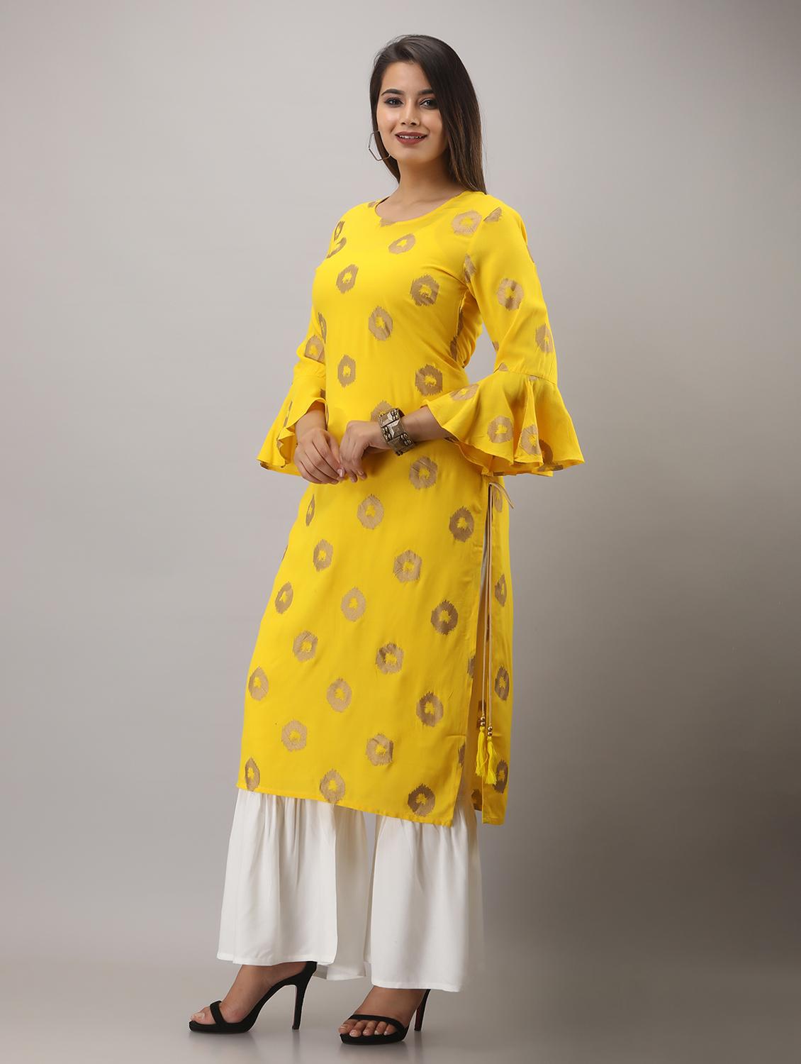 yellow printed three quarter sleeve kurta sharara set - 20132930 - Standard Image - 1