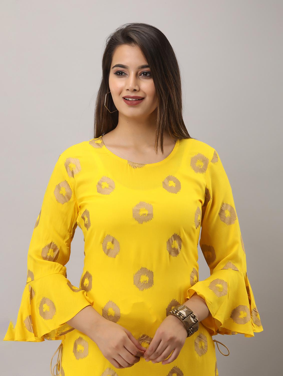 yellow printed three quarter sleeve kurta sharara set - 20132930 - Standard Image - 4