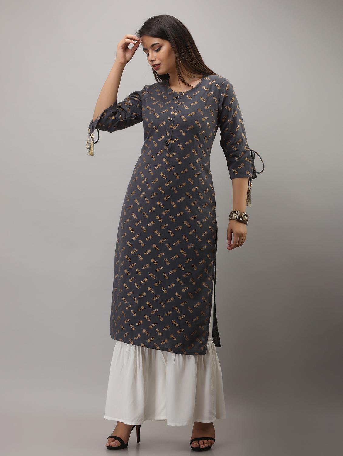 grey printed three quarter sleeve kurta sharara set - 20132934 -  Standard Image - 1