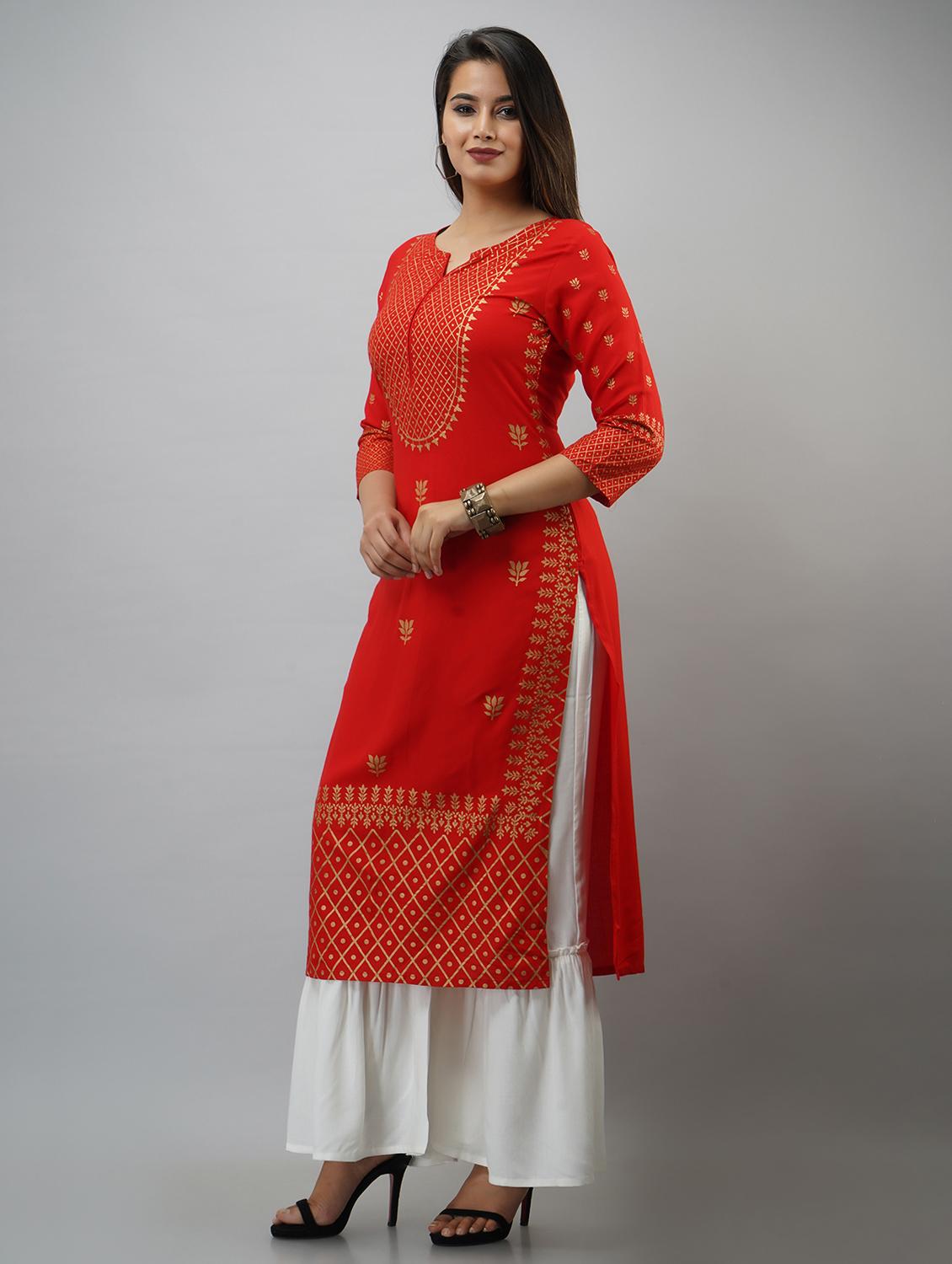 red printed three quarter sleeve kurta sharara set - 20132938 - Standard Image - 1