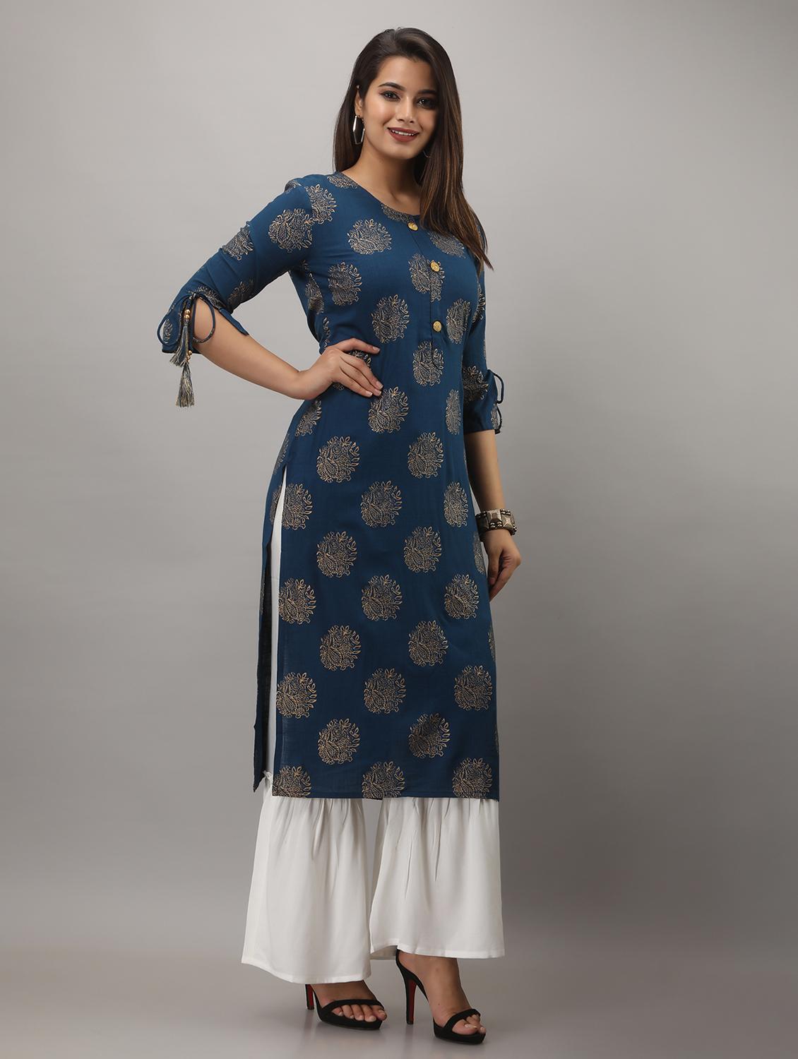 teal blue printed three quarter sleeve kurta sharara set - 20132940 - Standard Image - 1