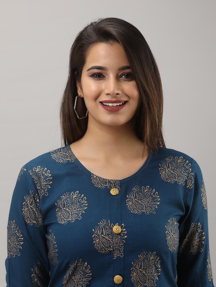 teal blue printed three quarter sleeve kurta sharara set - 20132940 - Standard Image - 4