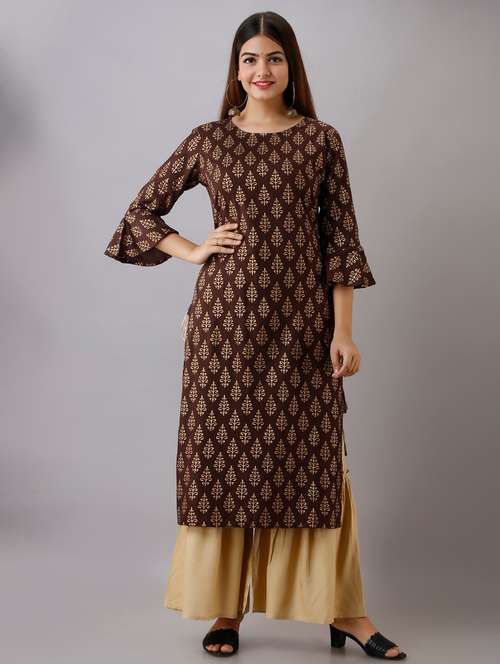 brown printed three quarter sleeve kurta sharara set - 20132945 -  Standard Image - 0