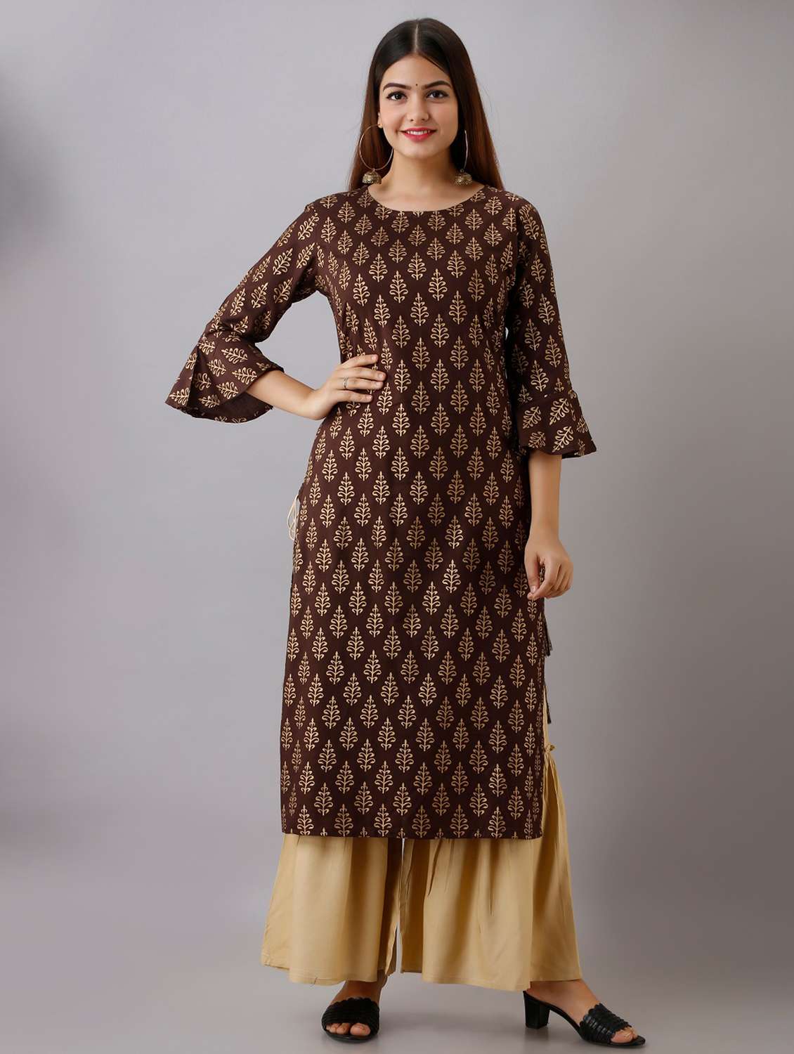 brown printed three quarter sleeve kurta sharara set