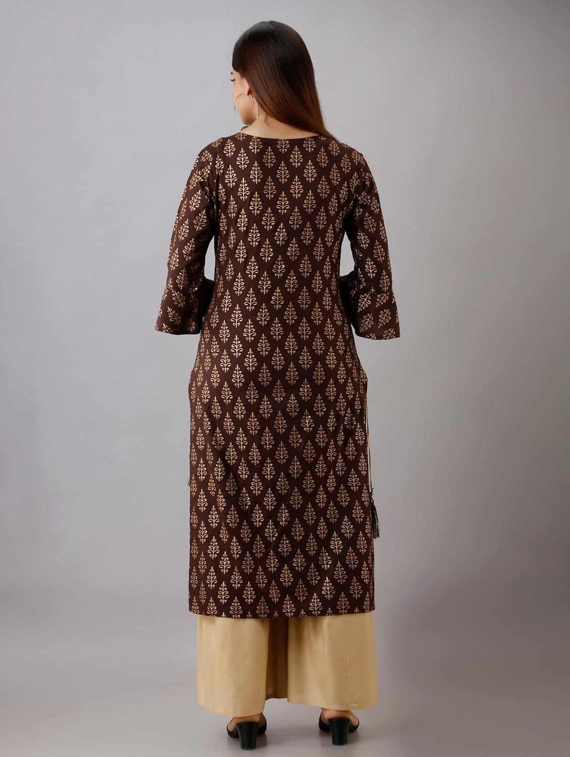 brown printed three quarter sleeve kurta sharara set - 20132945 - Standard Image - 1