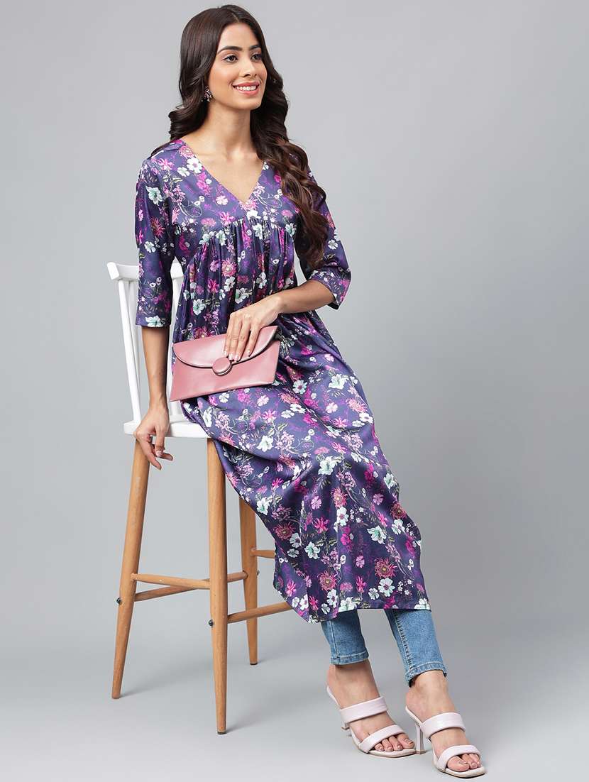 women floral printed satin flared kurta - 20133057 -  Standard Image - 1