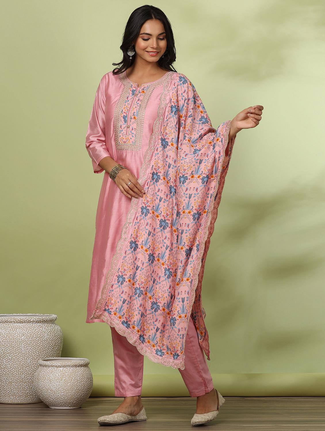 pink embroidered three quarter sleeve suit set - 20133257 -  Standard Image - 1