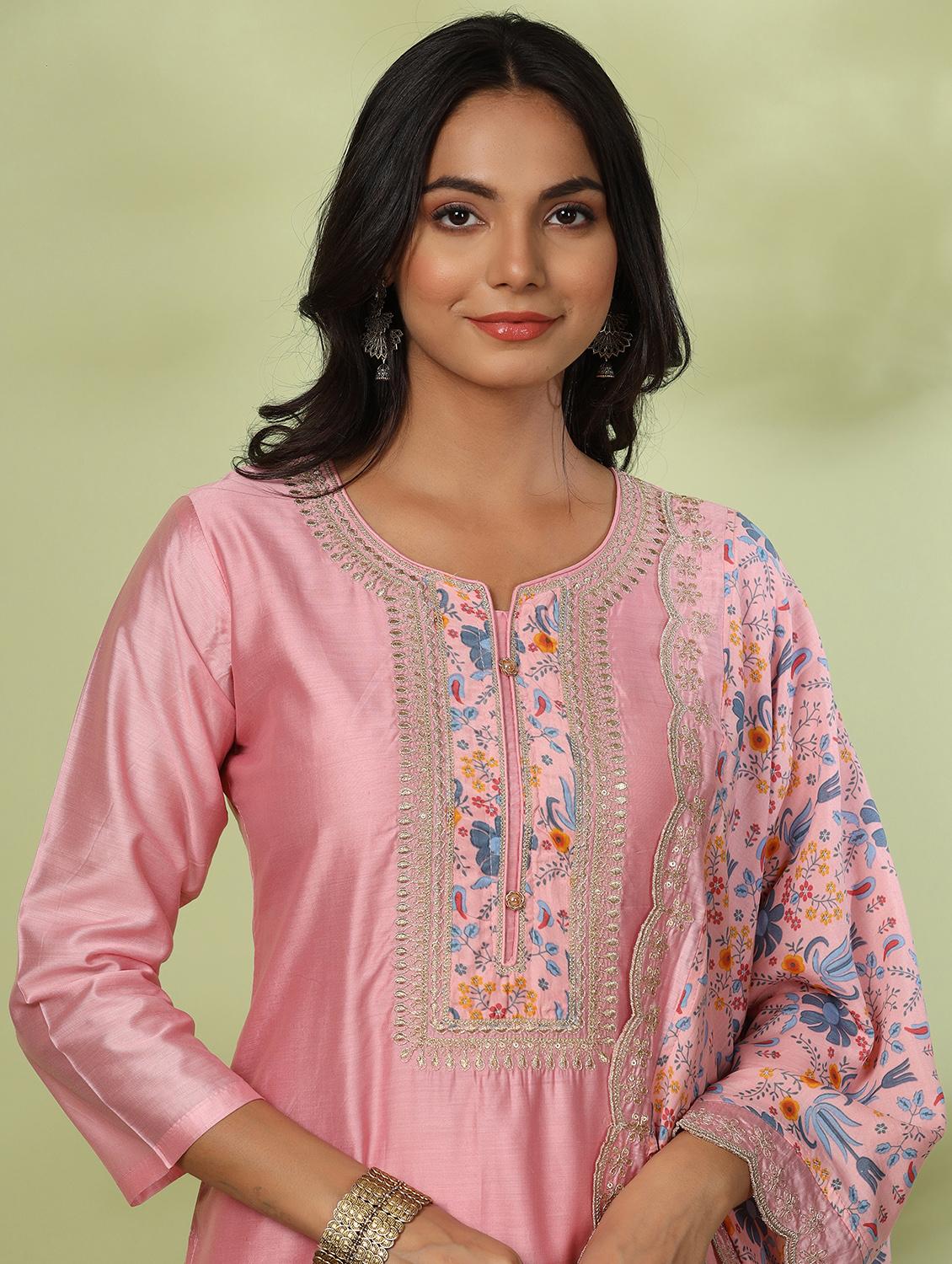 pink embroidered three quarter sleeve suit set - 20133257 - Standard Image - 4