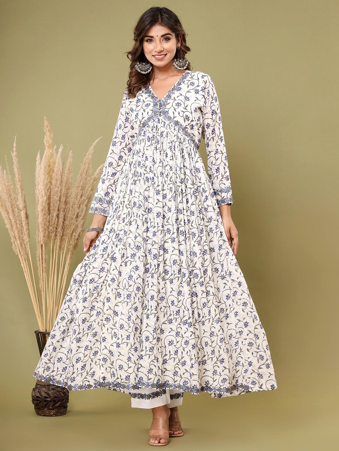 blue embroidered three quarter sleeve suit set - 20133258 -  Standard Image - 1