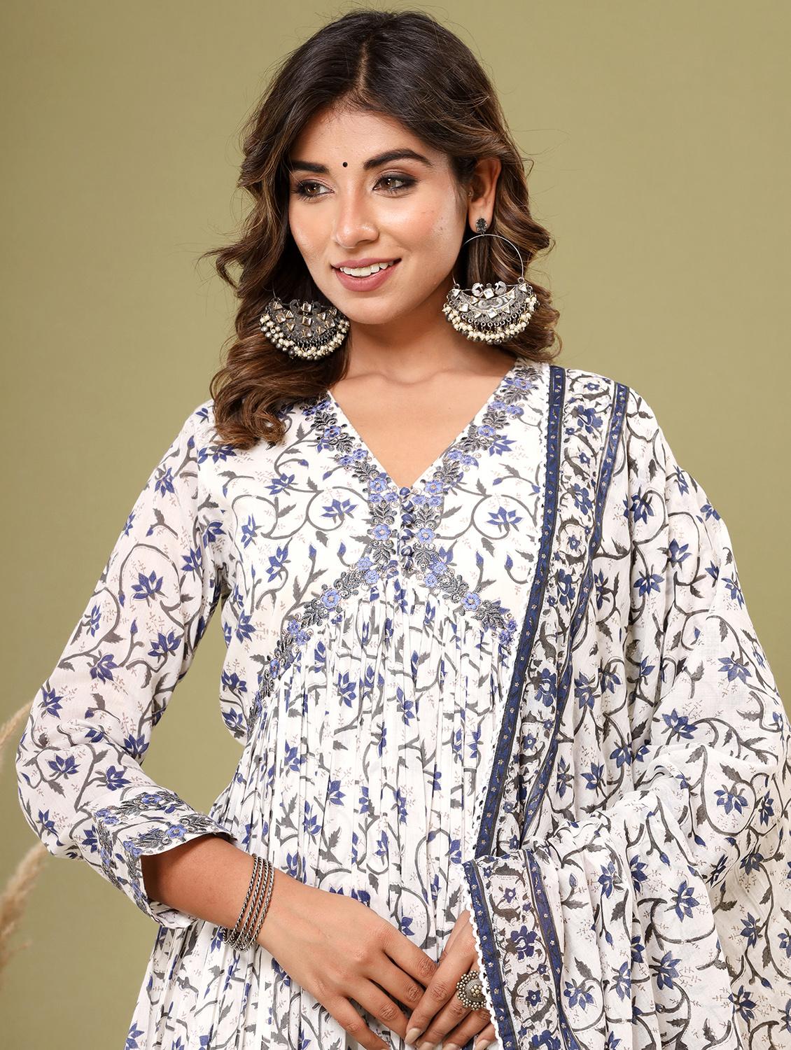 blue embroidered three quarter sleeve suit set - 20133258 - Standard Image - 4