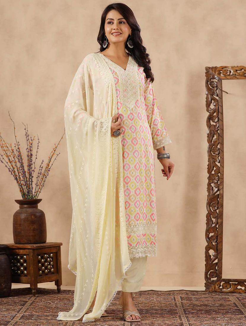 cream printed three quarter sleeve suit set - 20133264 -  Standard Image - 1