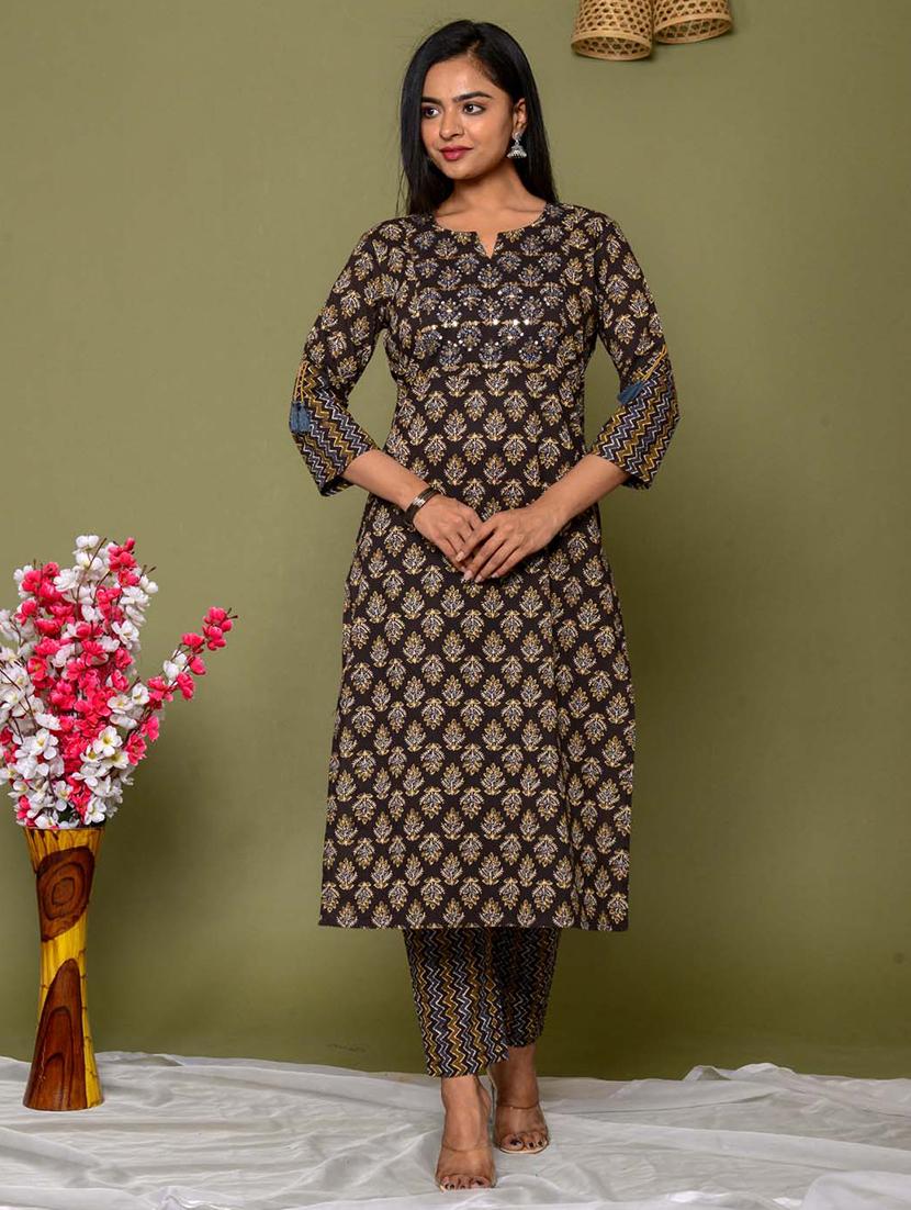 brown printed three quarter sleeve suit set - 20133272 -  Standard Image - 1
