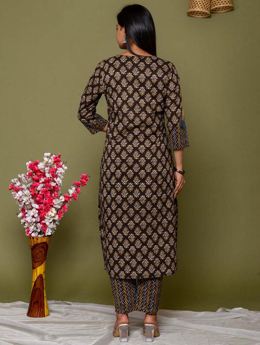 brown printed three quarter sleeve suit set - 20133272 - Standard Image - 4