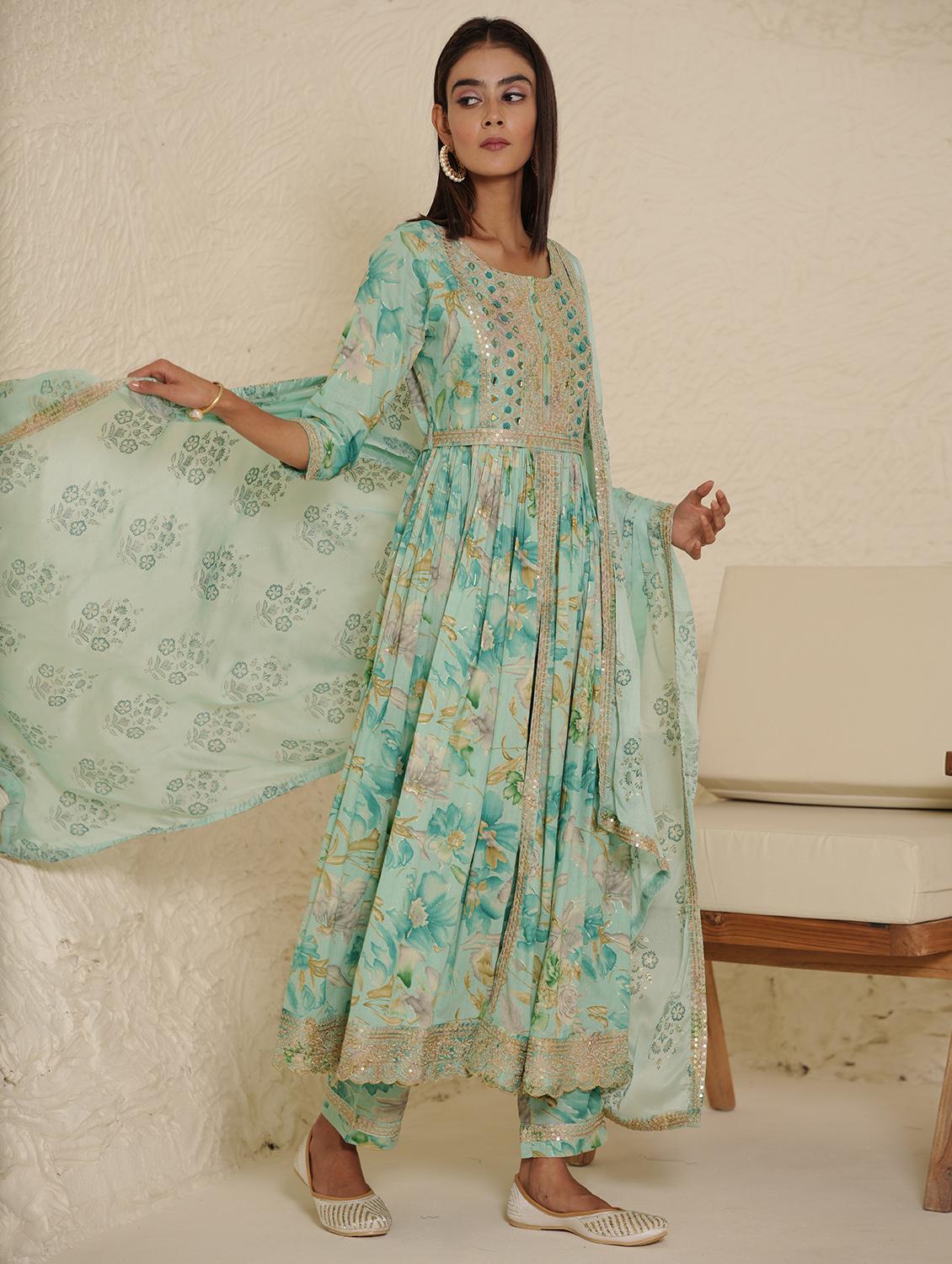 blue printed with embroidery work suit set - 20133282 -  Standard Image - 1
