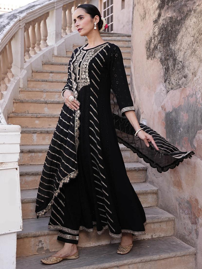black three quater sleeves embroidered suit set - 20133299 - Standard Image - 1
