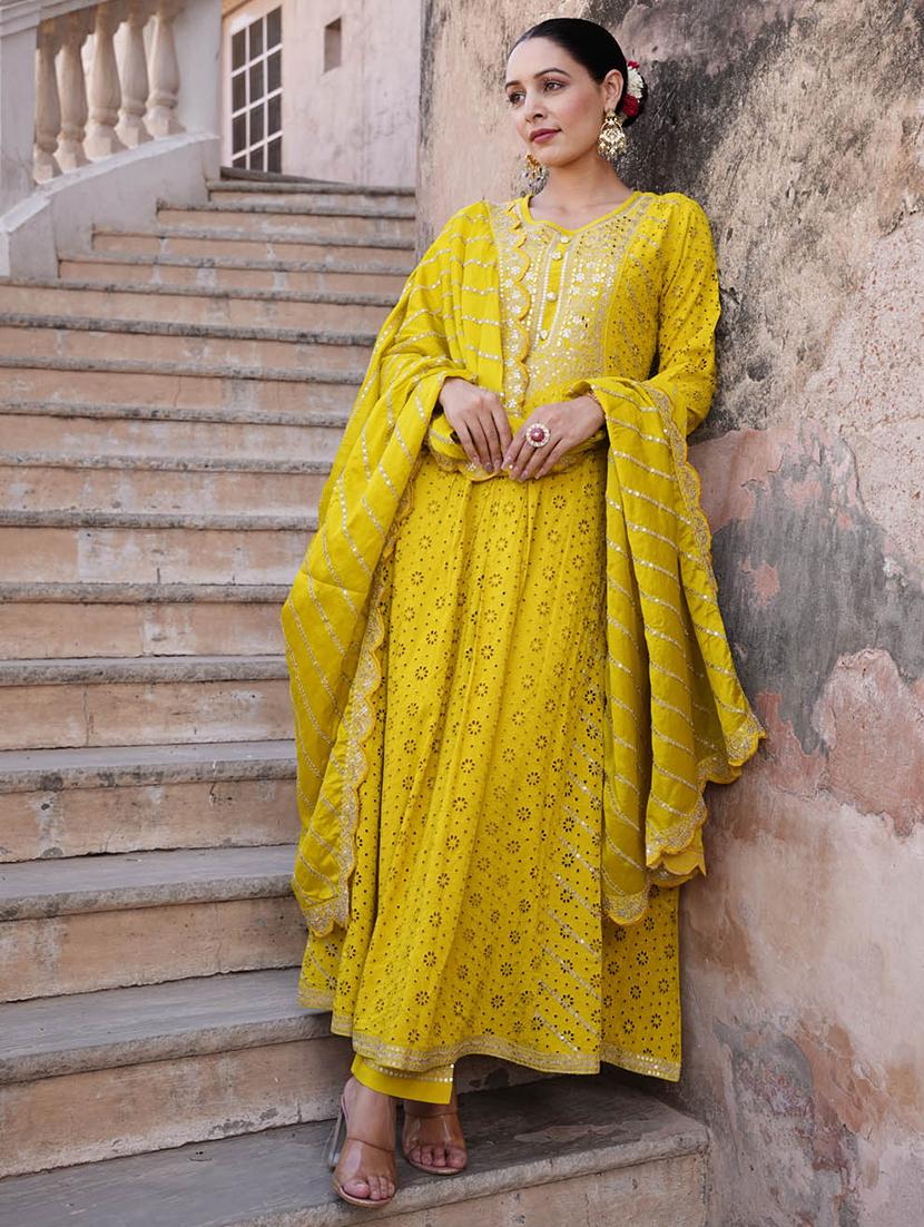 yellow three quater sleeves embroidered suit set - 20133300 - Standard Image - 1