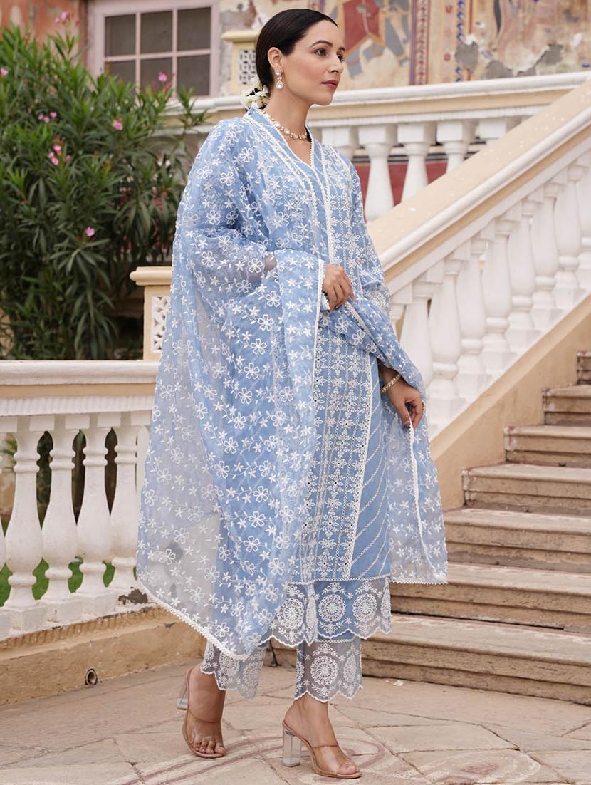 blue three quater sleeves embroidered suit set - 20133304 -  Standard Image - 1