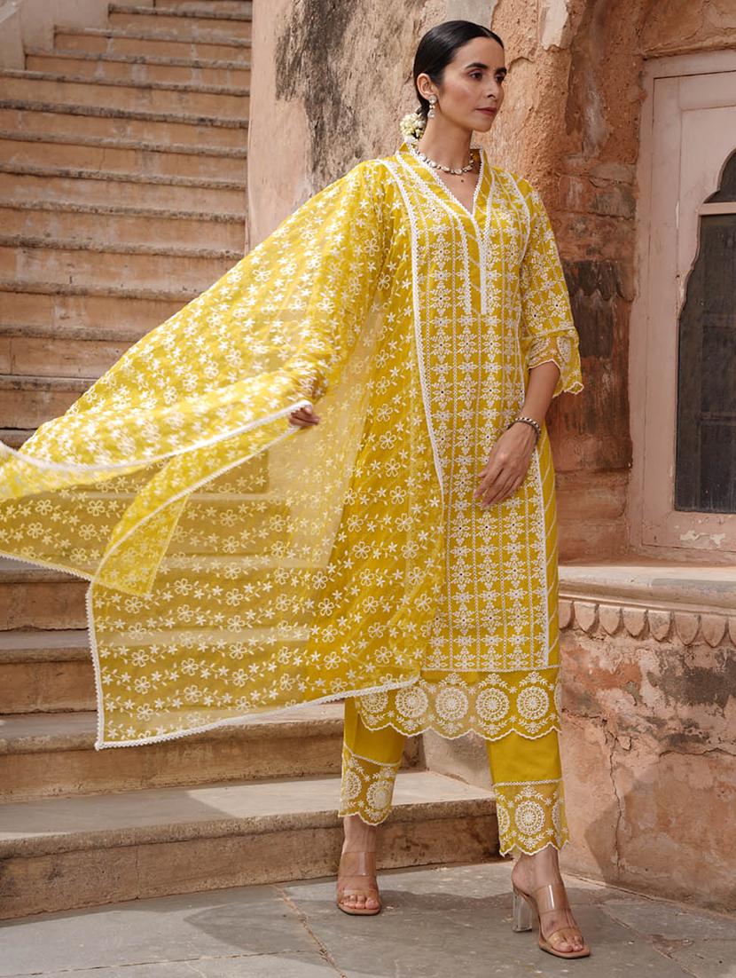 yellow three quater sleeves embroidered suit set - 20133305 - Standard Image - 1