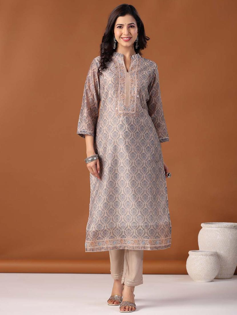 beige three quater sleeves printed suit set - 20133309 -  Standard Image - 1