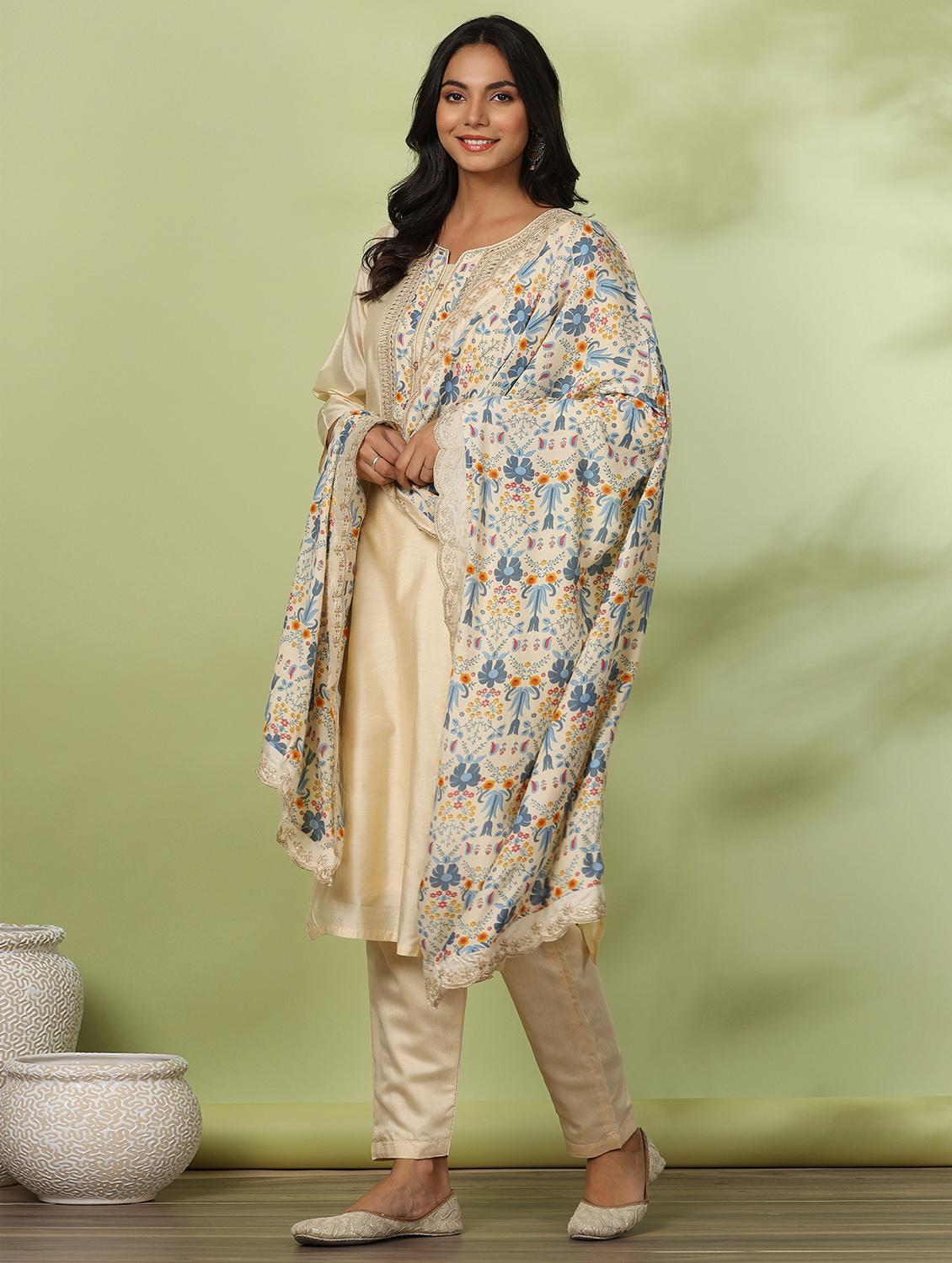 beige three quater sleeves solid suit set - 20133315 -  Standard Image - 1