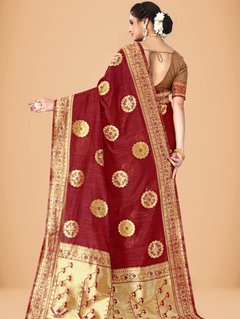 maroon cotton blend banarasi saree with blouse - 20133801 -  Standard Image - 1