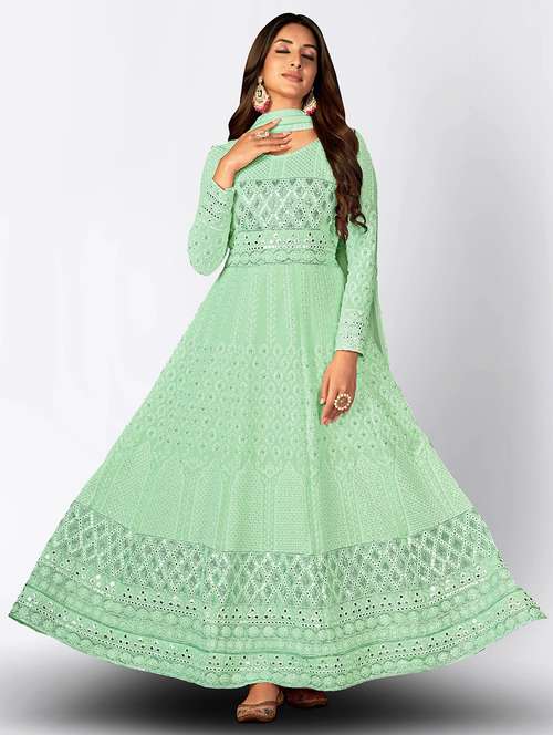 green embroidered anarkali semi-stitched suit - 20135323 -  Standard Image - 0