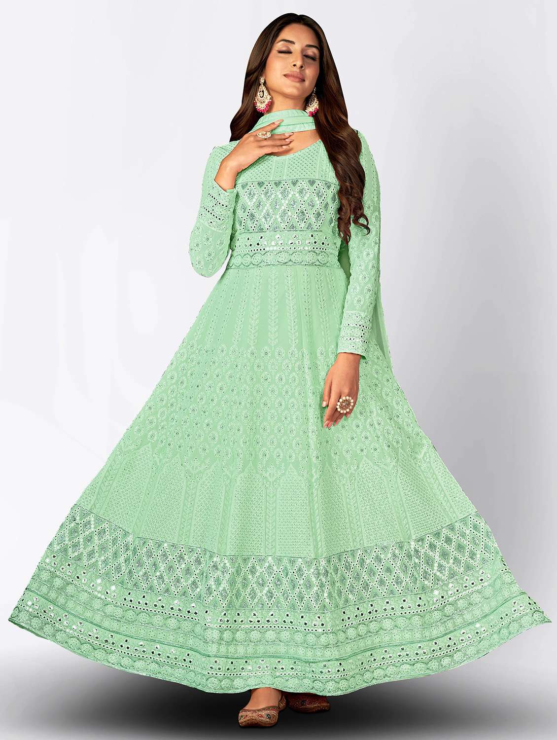 green embroidered anarkali semi-stitched suit - 20135323 -  Zoom Image - 0
