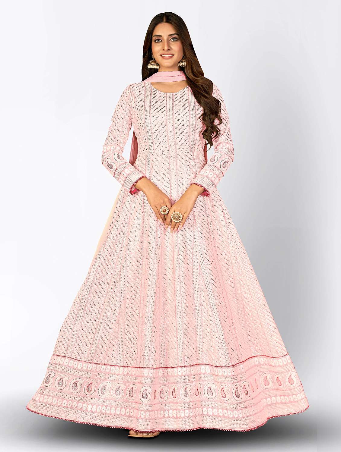 pink embroidered anarkali suits semi-stitched suit