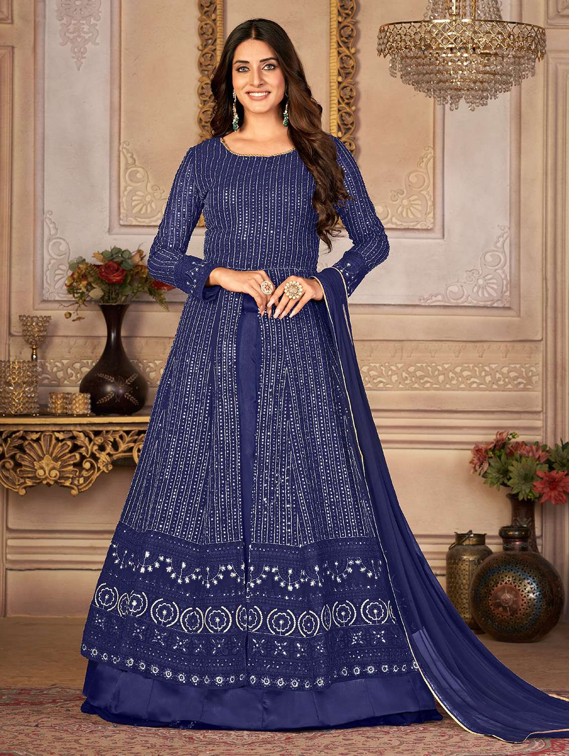blue embroidered kurta-skirt semi-stitched suit