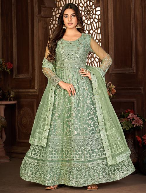 green embroidered kurta-skirt semi-stitched suit - 20135343 - Standard Image - 0