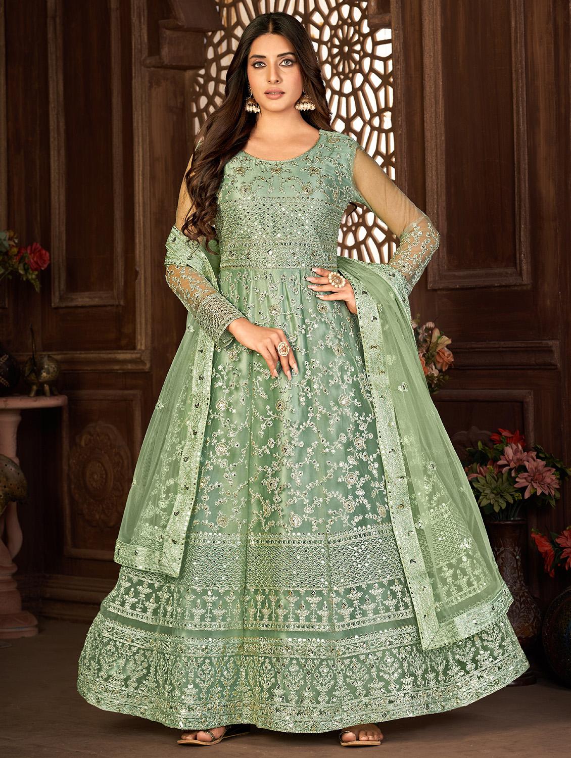green embroidered kurta-skirt semi-stitched suit - 20135343 - Zoom Image - 0