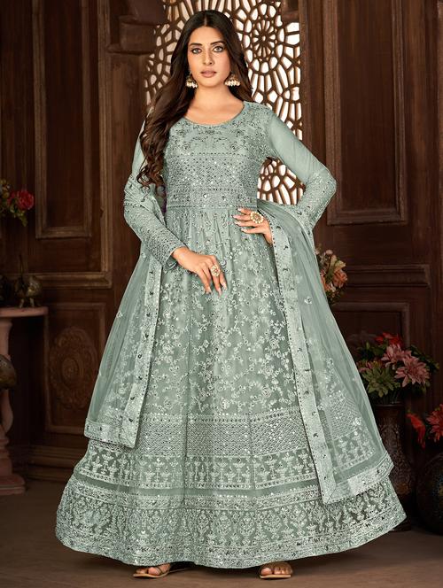 grey embroidered kurta-skirt semi-stitched suit - 20135344 -  Standard Image - 0