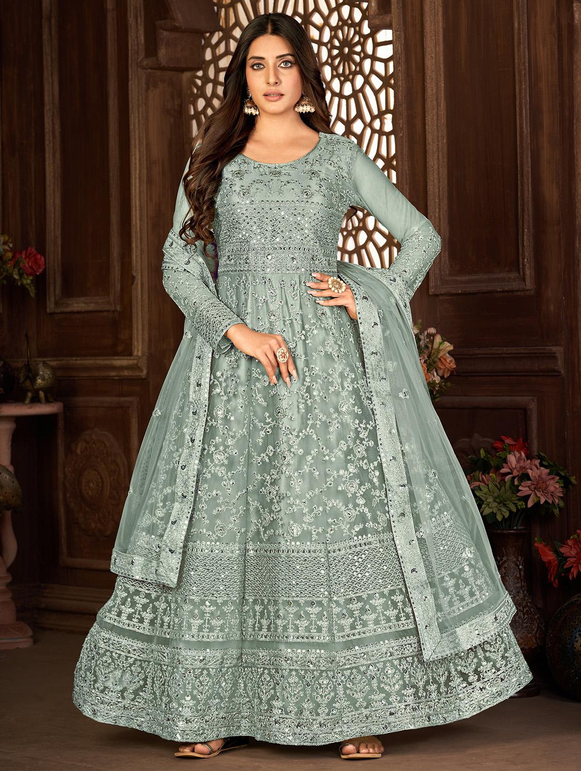 grey embroidered kurta-skirt semi-stitched suit - 20135344 -  Zoom Image - 0