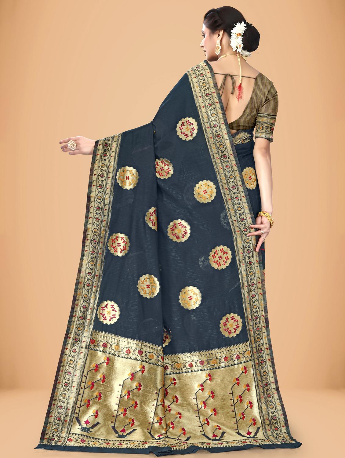 navy self design woven saree with blouse - 20135435 - Standard Image - 1