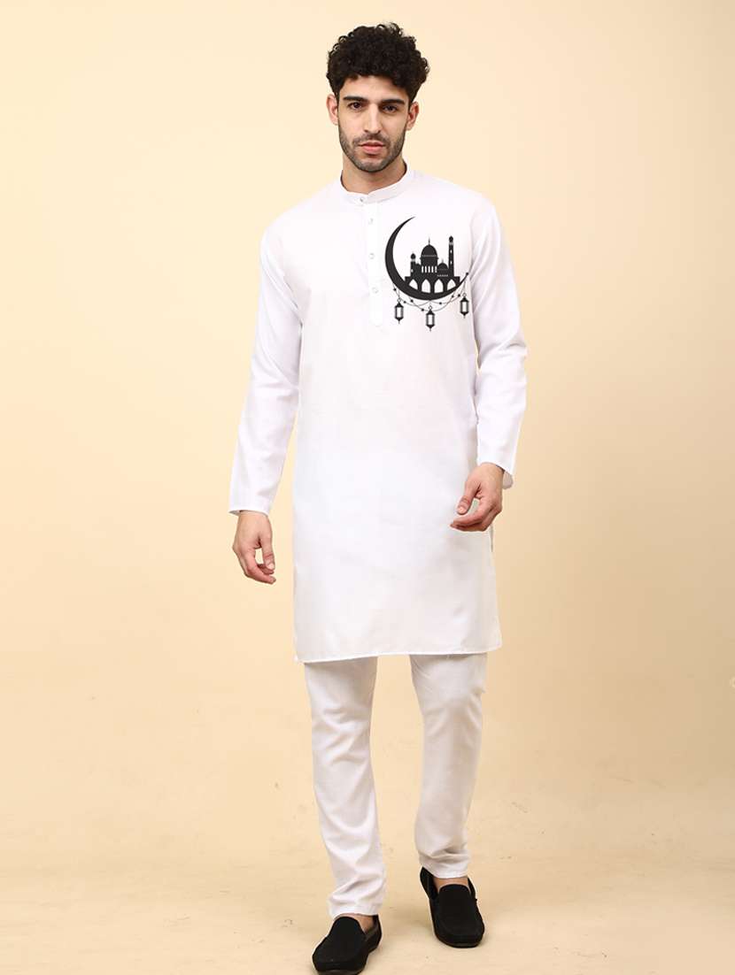 white cotton blend kurta pyjama ethnic wear set - 20135518 - Standard Image - 1