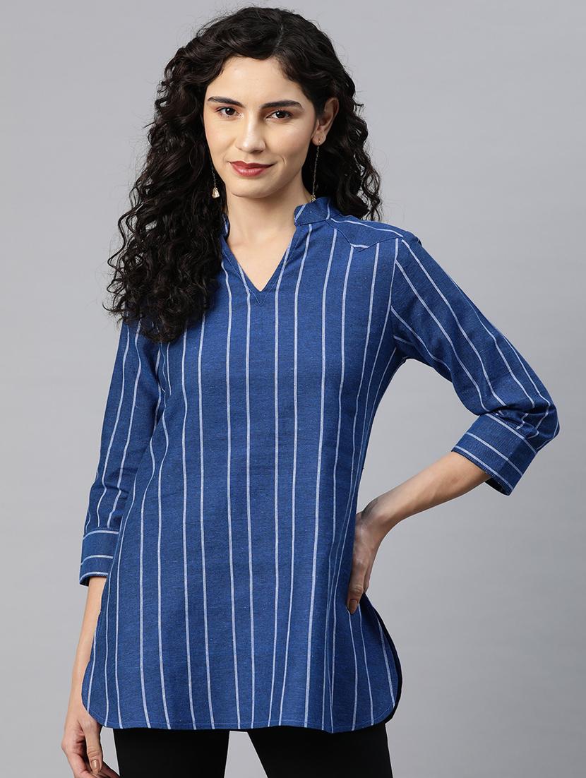 women blue striped straight kurti - 20135564 - Zoom Image - 0