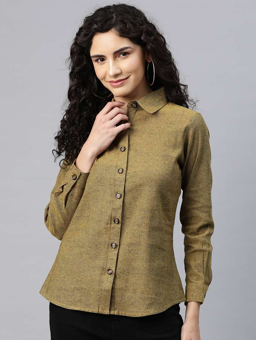 women olive solid collared long sleeve shirt