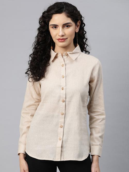 beige solid shirt collar regular top - 20135571 -  Standard Image - 0