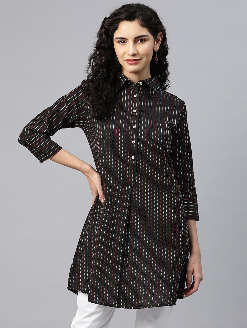 women black striped three quarter sleeve a-line kurti - 20135586 - Zoom Image - 0