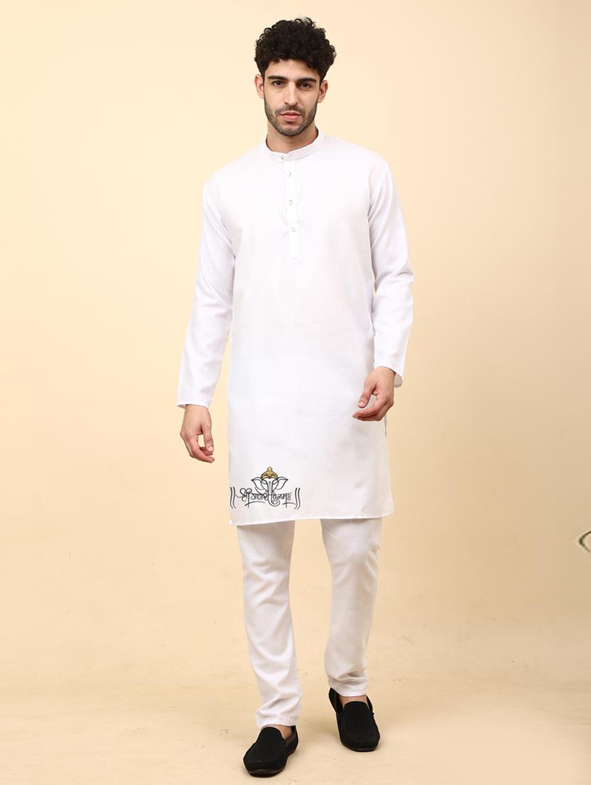 white cotton blend kurta pyjama ethnic wear set - 20136444 -  Standard Image - 1