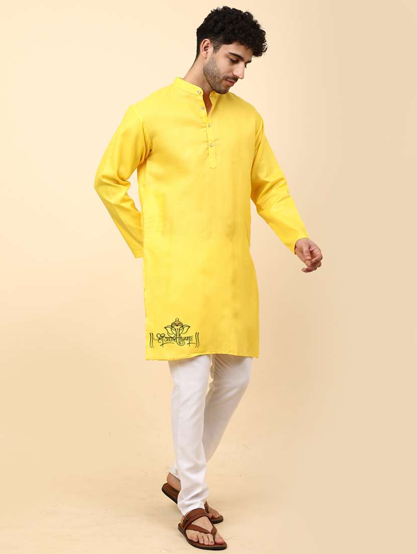yellow cotton blend kurta pyjama ethnic wear set - 20136449 -  Standard Image - 1