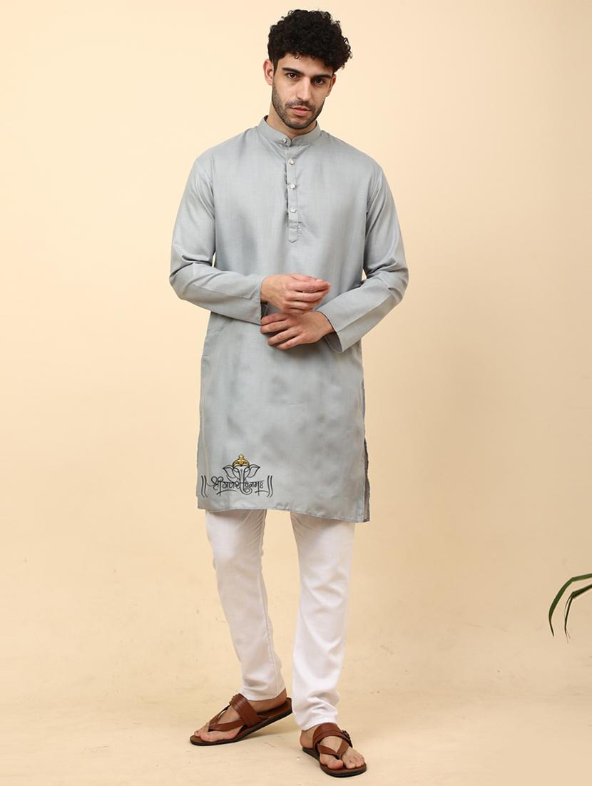 grey cotton blend kurta pyjama ethnic wear set - 20136450 -  Standard Image - 1