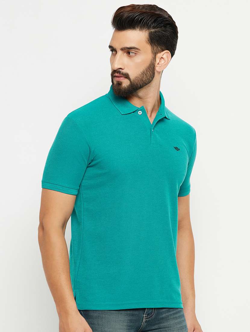men turquoise slim fit solid polo t-shirt